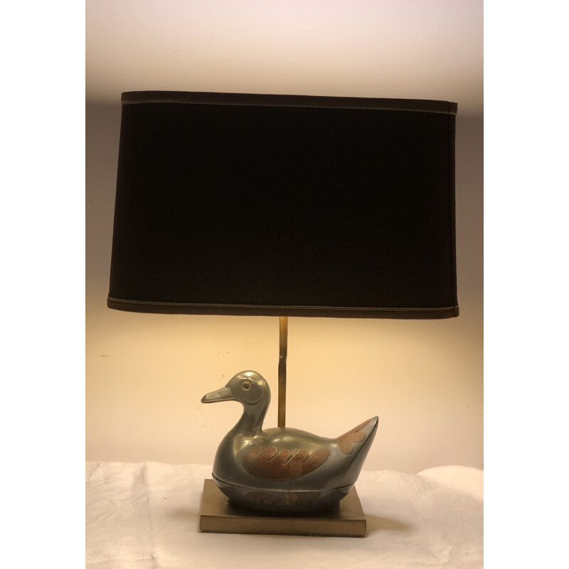 Vintage pewter and gilt brass duck lamp, 1960-1970