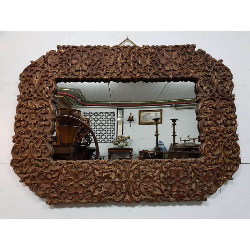 Kolonialer Vintage-Spiegel aus geschnitztem Holz