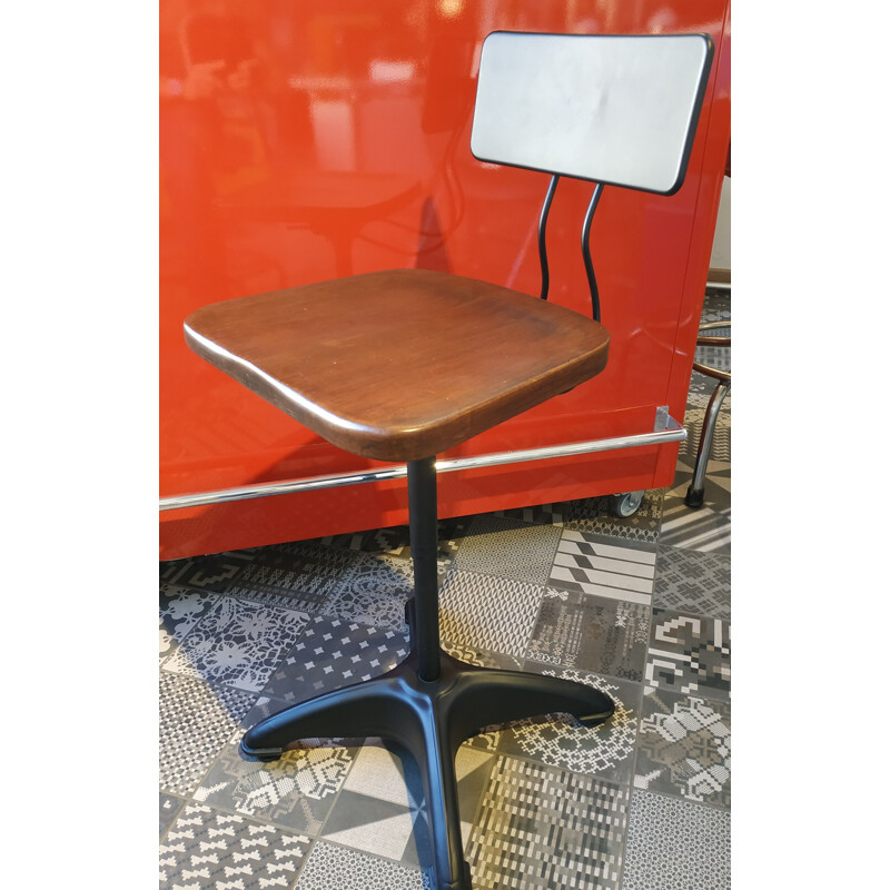 Industrial automatic adjustable stool with backrest by Kewaunee Mfg, USA 1930s