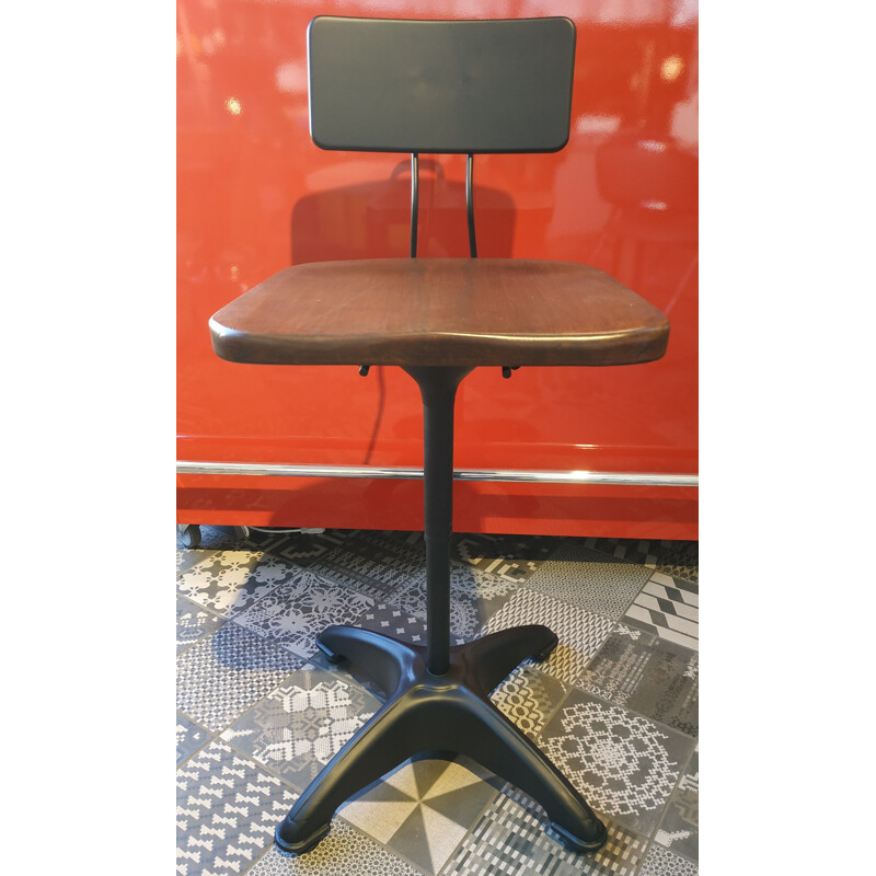 Industrial automatic adjustable stool with backrest by Kewaunee Mfg, USA 1930s
