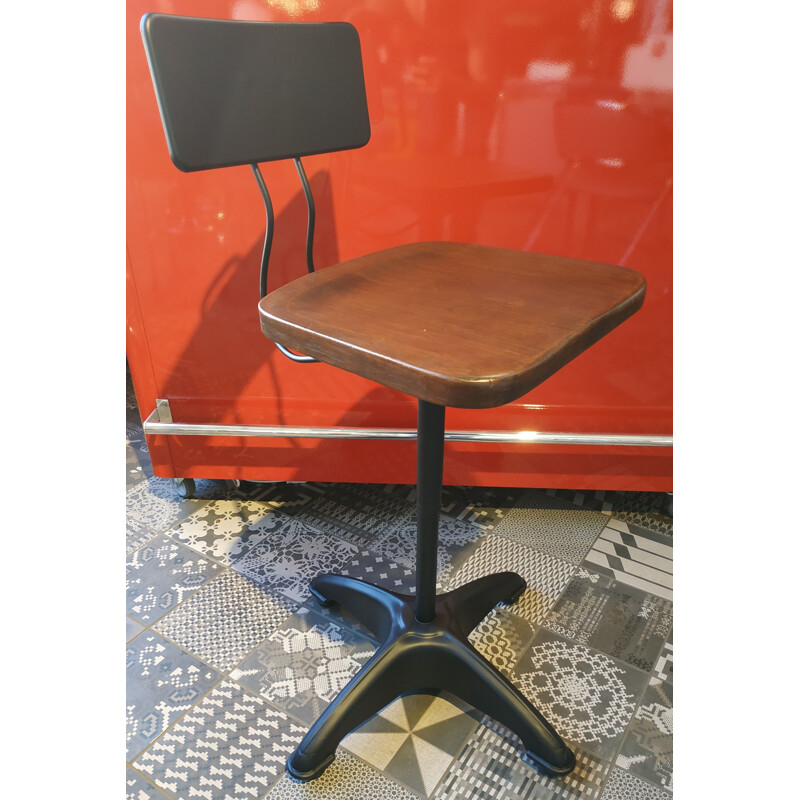 Industrial automatic adjustable stool with backrest by Kewaunee Mfg, USA 1930s