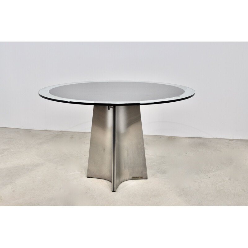 Table vintage en verre et en métal brossé par Luigi Saccardo pour Armet, 1970
