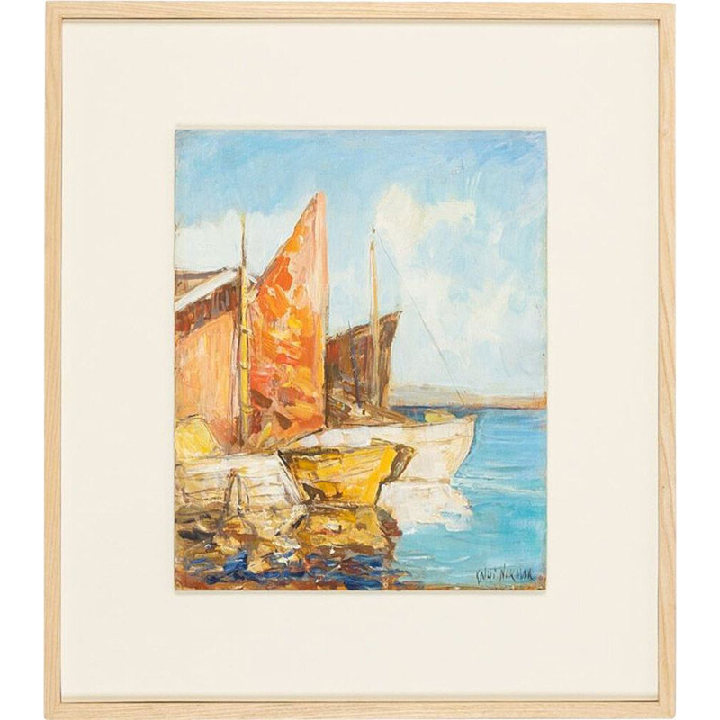 Óleo sobre uma placa de madeira de freixo vintage "Barcos de pesca em Veneza" de Knut Norman