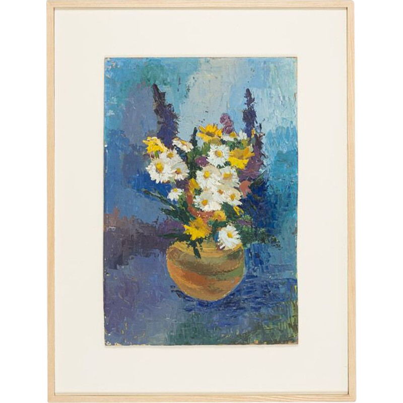 Oil on vintage plate "Spring Bouquet" in an ash wood frame, 1950