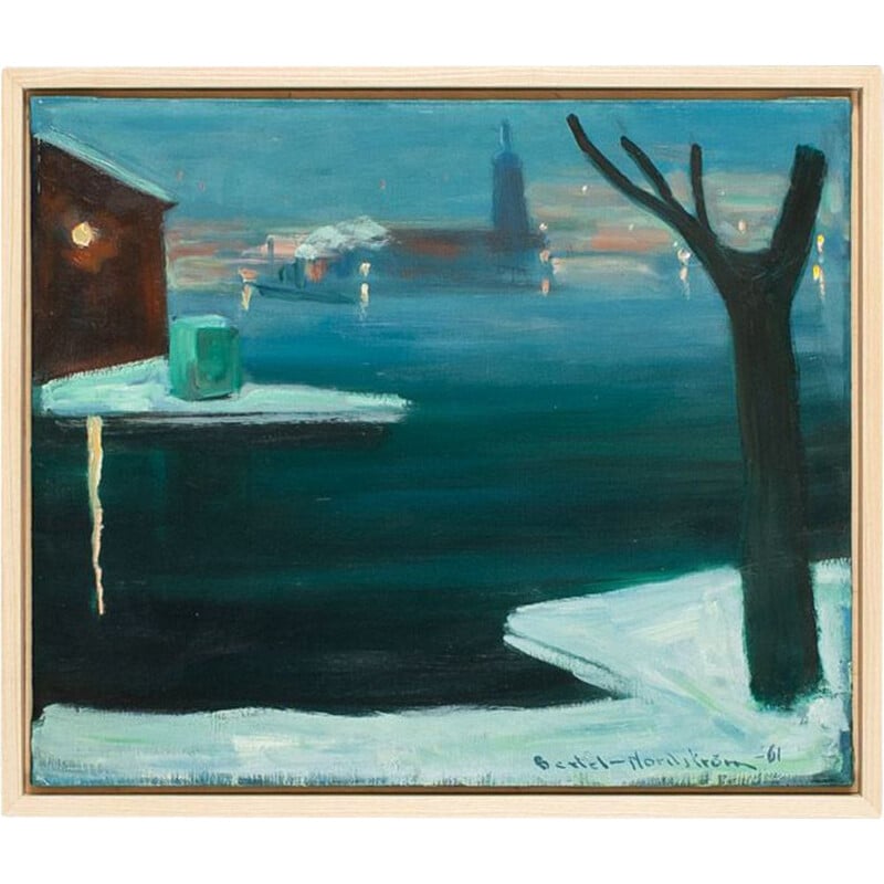 Olio su tela "Stoccolma di notte" in legno di frassino di Engelbert Bertel Nordstrom