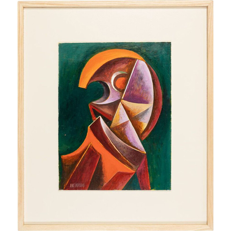 Óleo sobre prato vintage "Cubist Portrait" em moldura de madeira de cinzas de Valentin Rusin