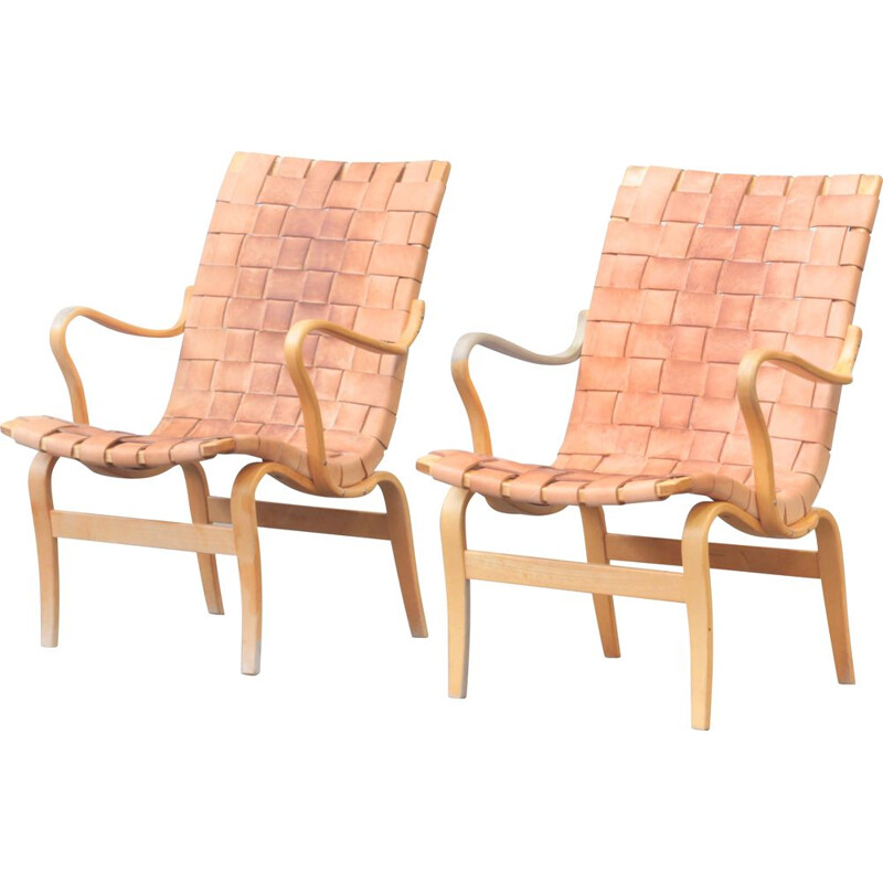 Paar vintage beukenhouten en bruin lederen fauteuils van Bruno Mathsson voor Karl Mathsson, Zweden 1970