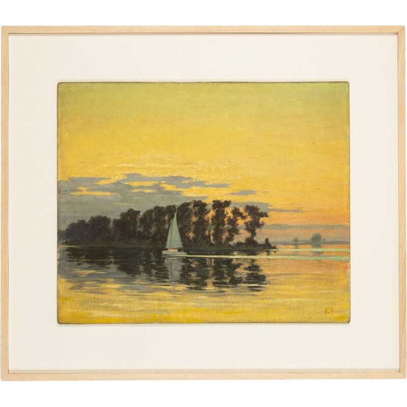 Huile sur plaque vintage "Sunset" en bois de frêne