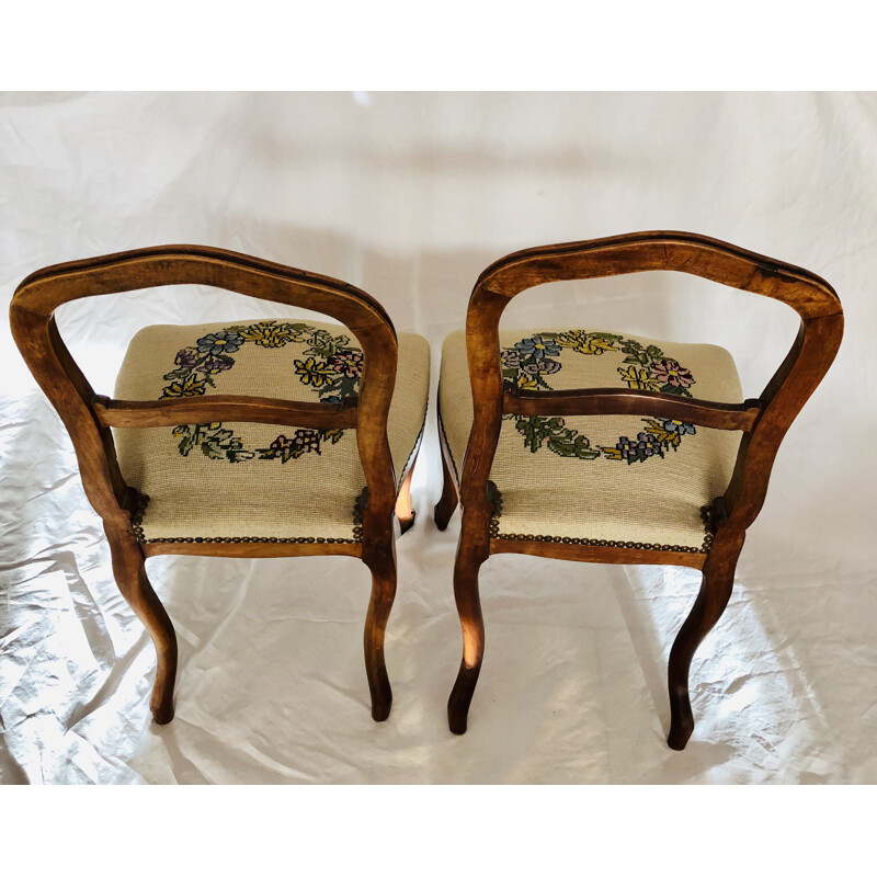 Paire chaises vintage en bois et tapisserie canevas, 1950-1960