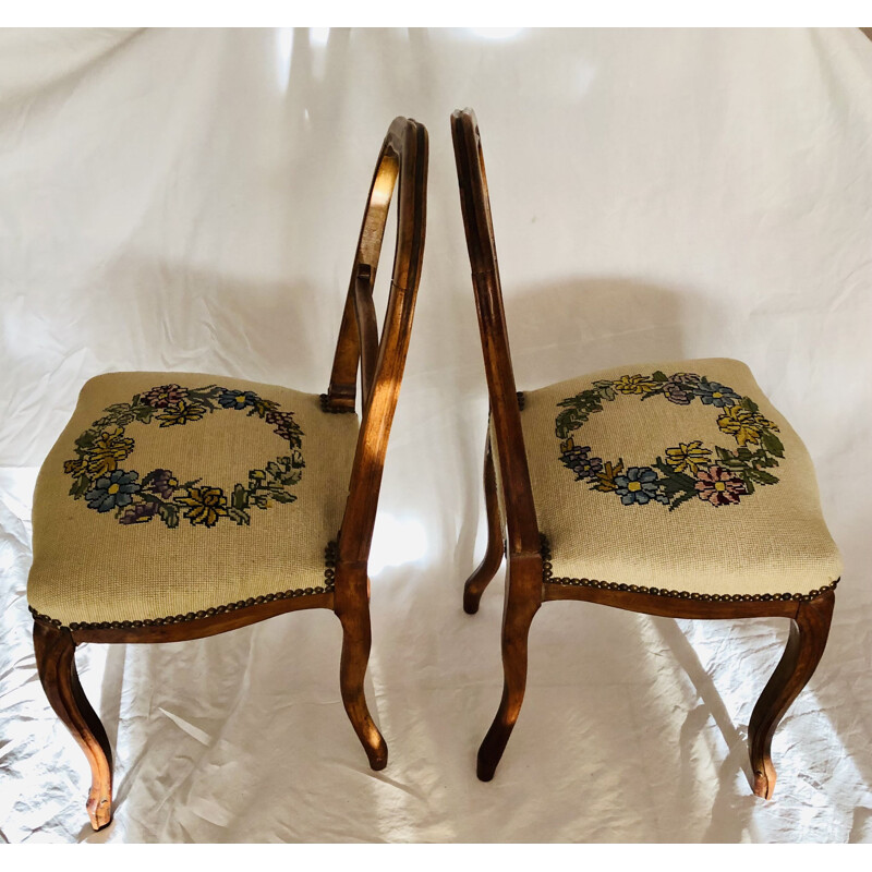 Paire chaises vintage en bois et tapisserie canevas, 1950-1960