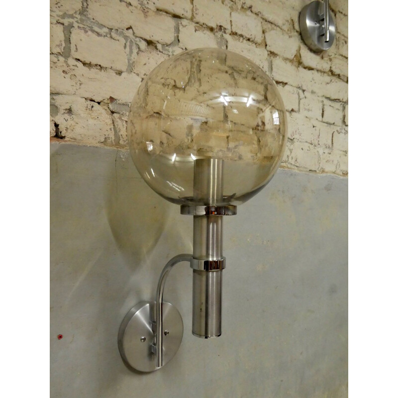 Vintage XL aluminum and smoked glass wall lamp, 1970