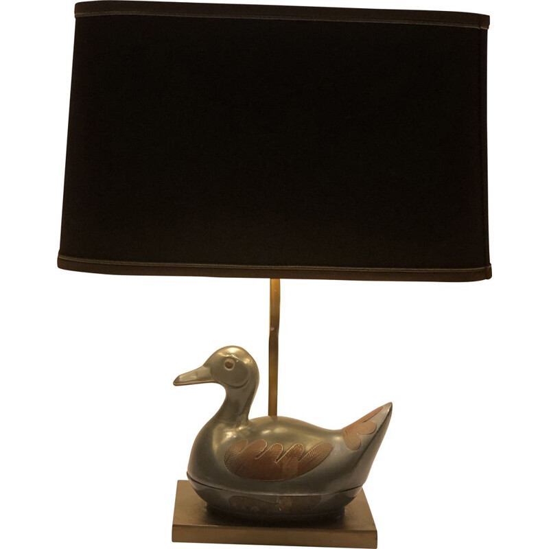 Vintage pewter and gilt brass duck lamp, 1960-1970