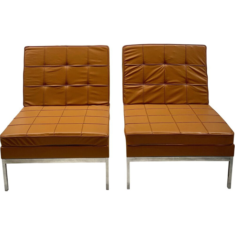 Pair of vintage camel leather armchairs by Florence Knoll