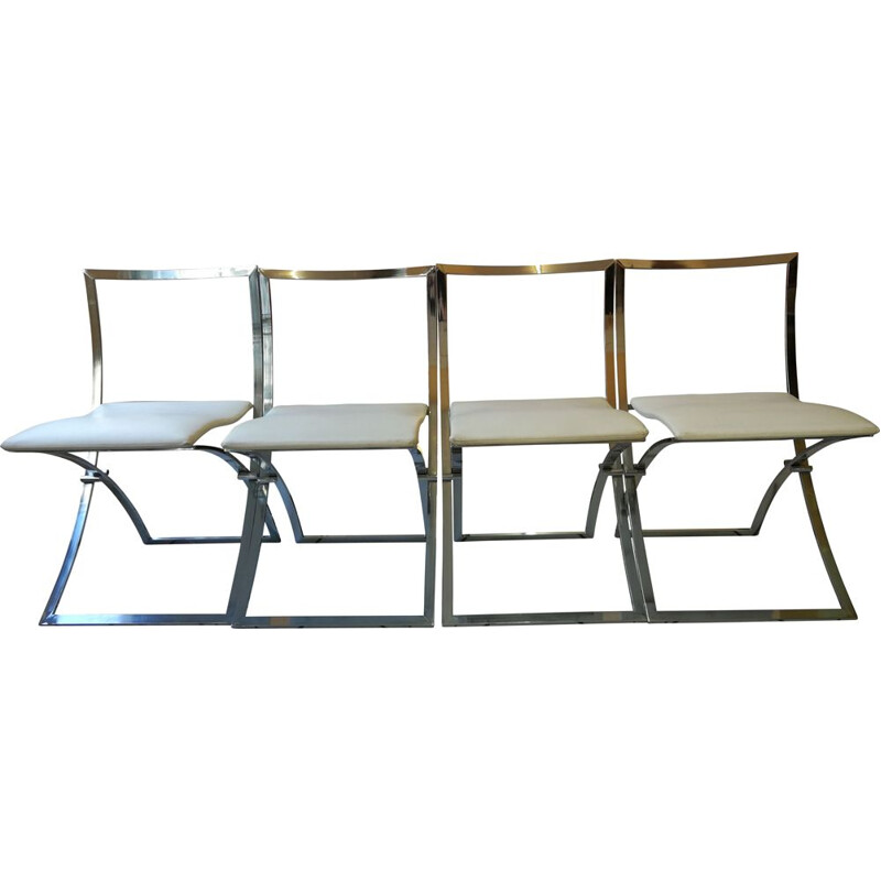 Set of 4 vintage Louisa chairs in chromed steel and skai by Cuneo, 1970