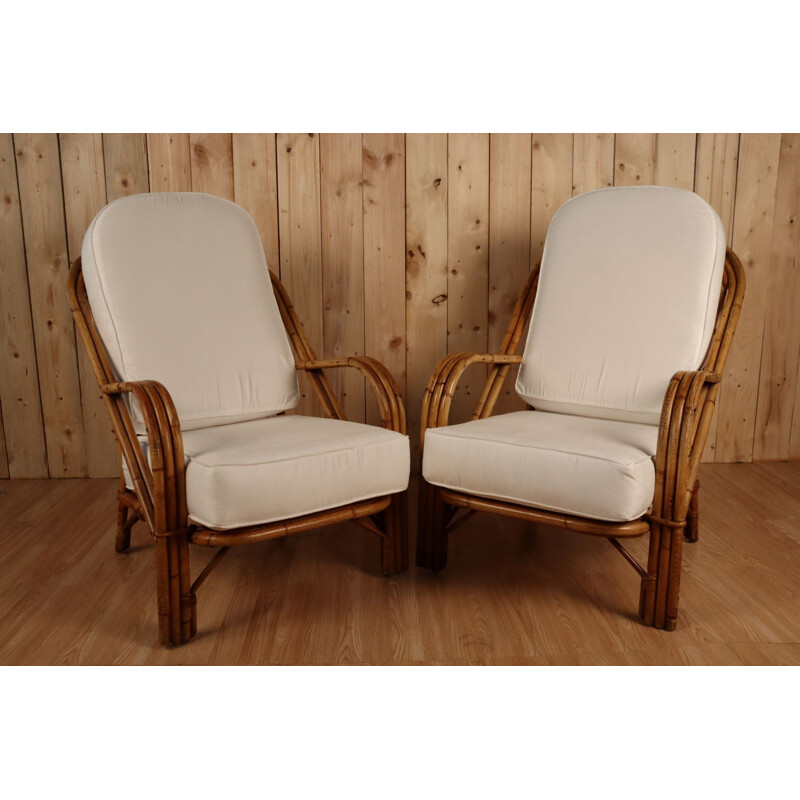 Pair of vintage rattan armchairs by Audoux Minet