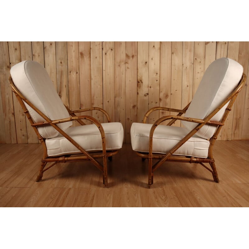 Pair of vintage rattan armchairs by Audoux Minet