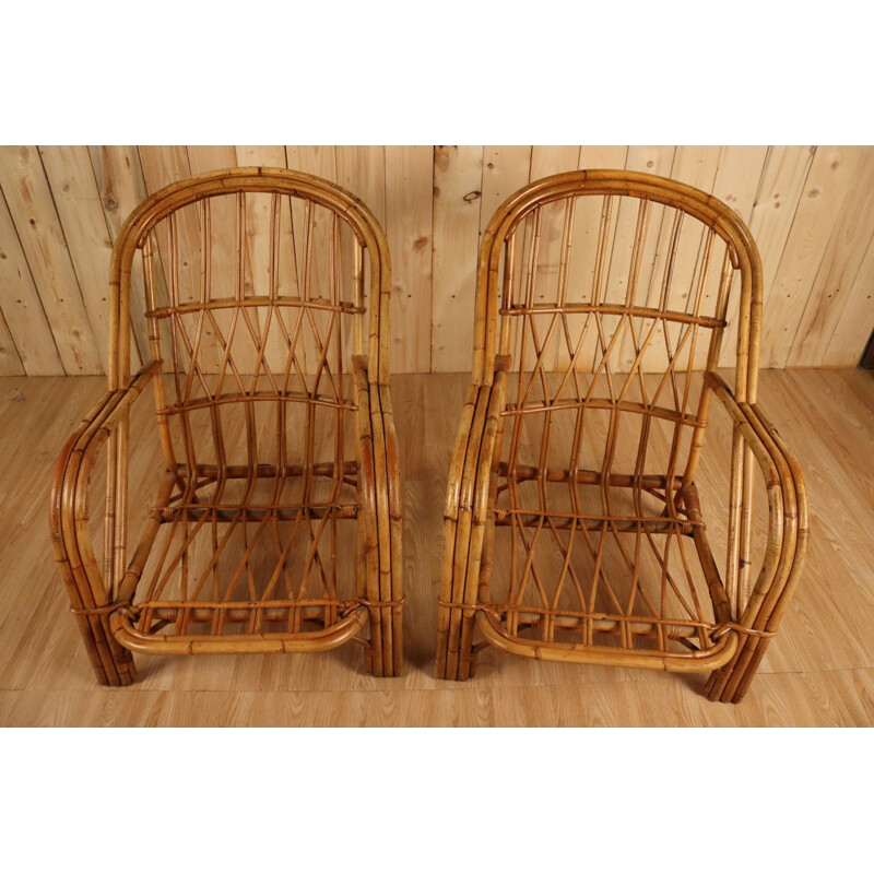 Pair of vintage rattan armchairs by Audoux Minet