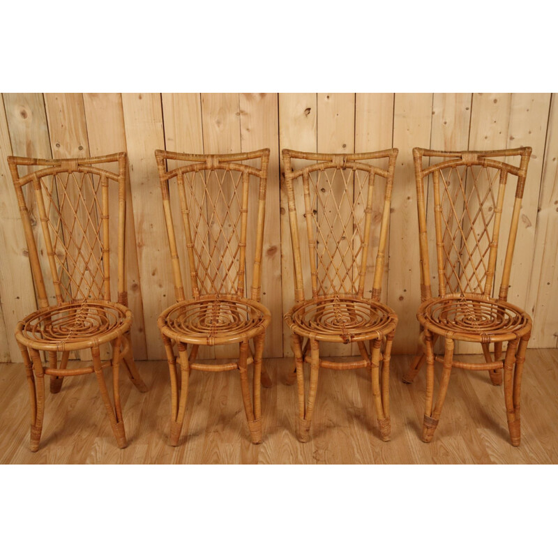 Set of 8 vintage rattan chairs, 1960-1970