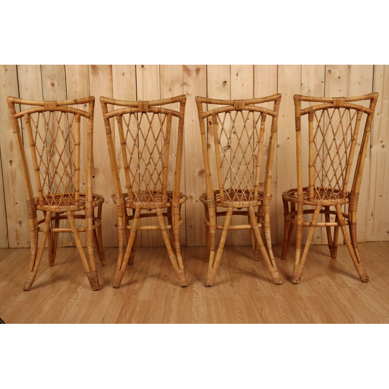 Set of 8 vintage rattan chairs, 1960-1970