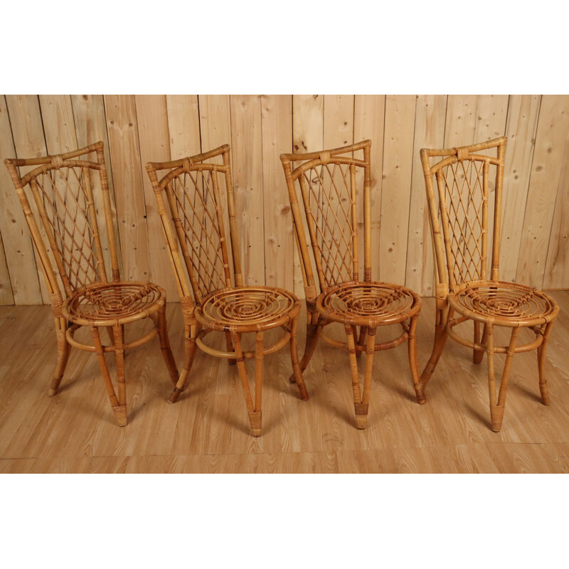 Set of 8 vintage rattan chairs, 1960-1970