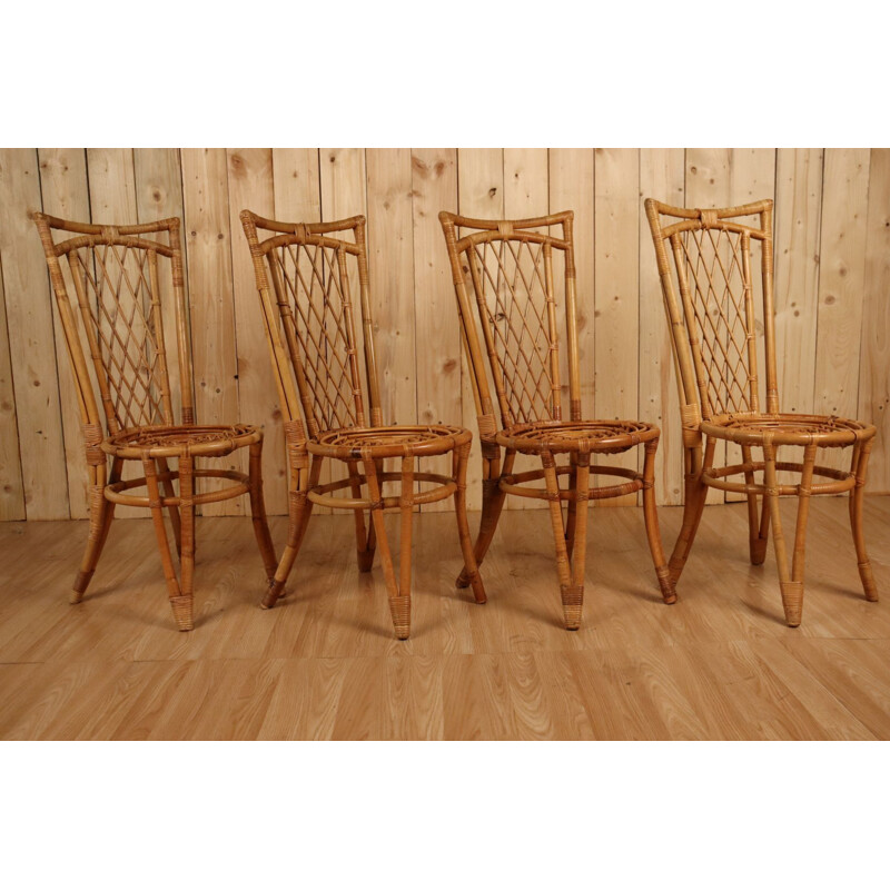 Set of 8 vintage rattan chairs, 1960-1970