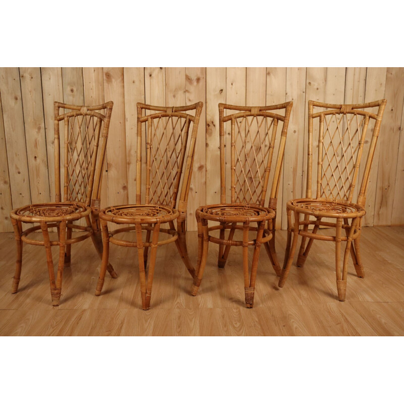 Set of 8 vintage rattan chairs, 1960-1970