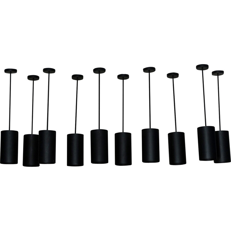 Set of 10 black metal hanging lamps - 1950s