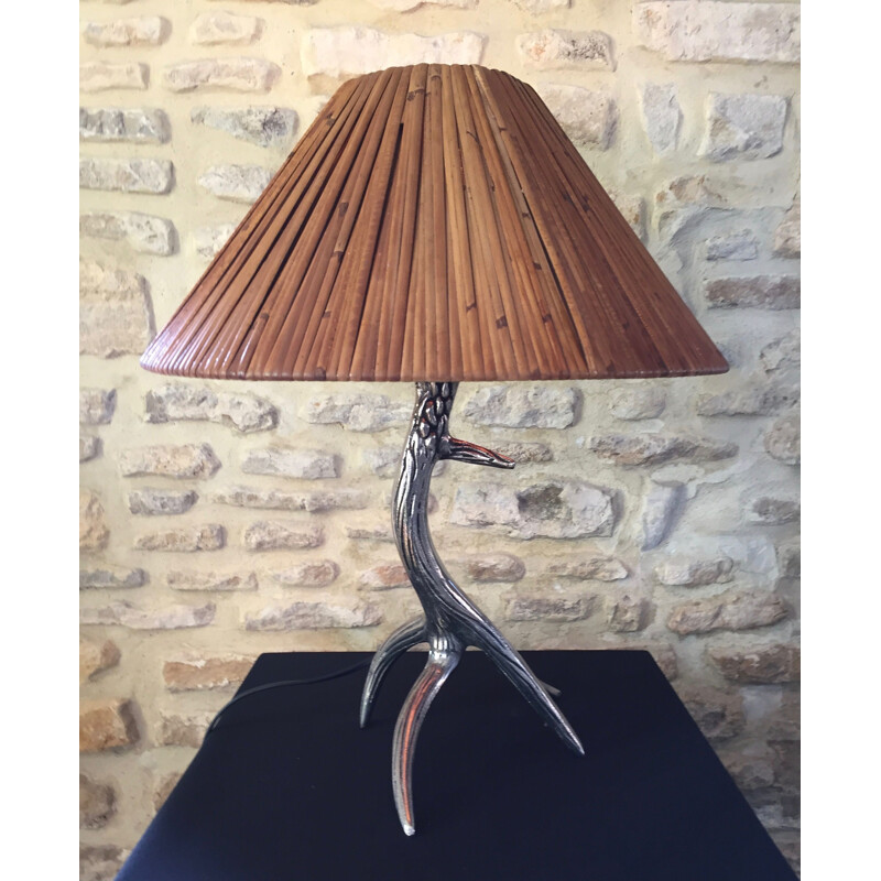 Lampe vintage en bois et bambou, 1970