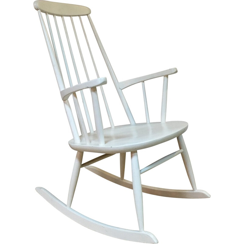 Rocking-chair scandinave blanc en bois - 1960