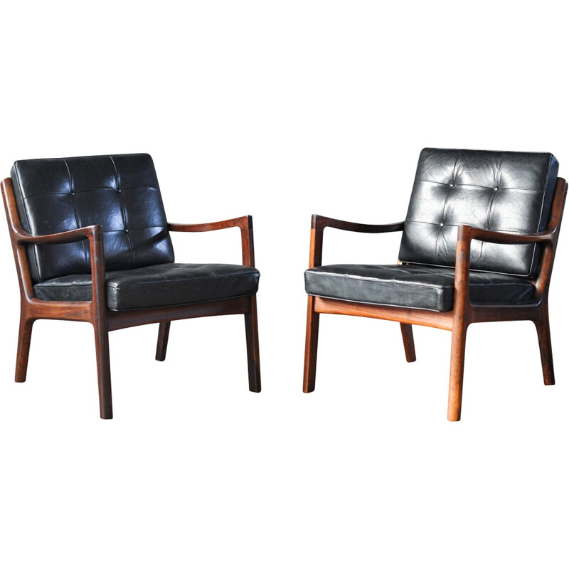 Pair of black France & Son armchairs in rosewood, Ole WANSCHER - 1950s
