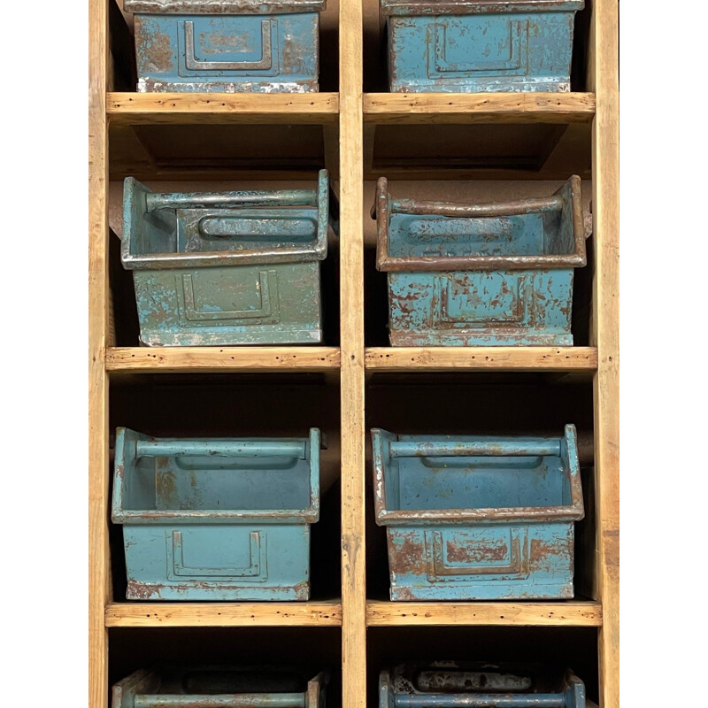 Vintage wooden storage cabinet with metal drawers