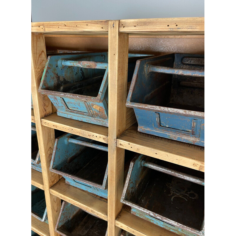 Vintage wooden storage cabinet with metal drawers