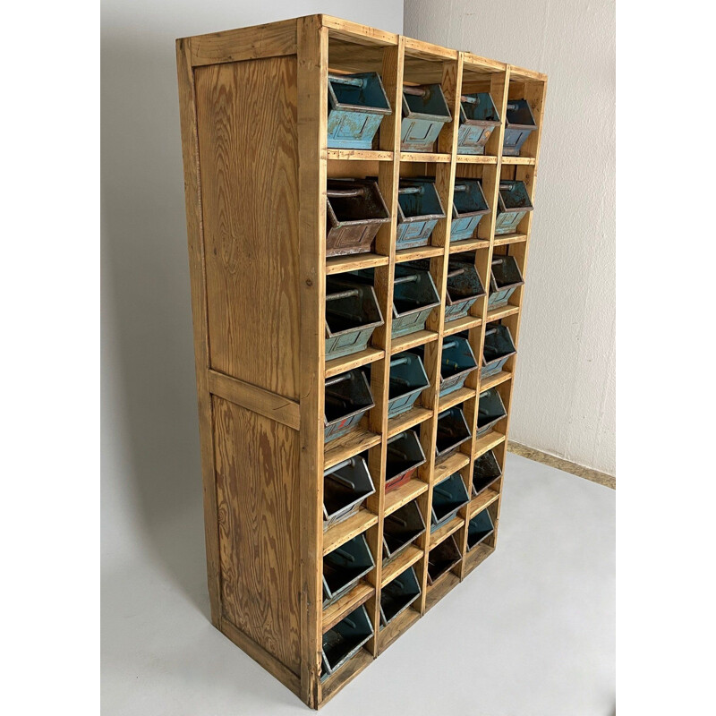 Vintage wooden storage cabinet with metal drawers