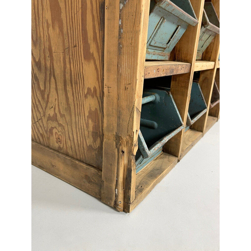 Vintage wooden storage cabinet with metal drawers