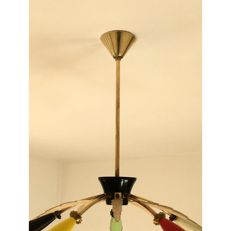 Vintage brass, metal and plastic pendant lamp, 1950