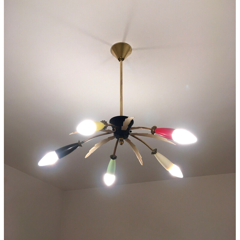 Vintage brass, metal and plastic pendant lamp, 1950