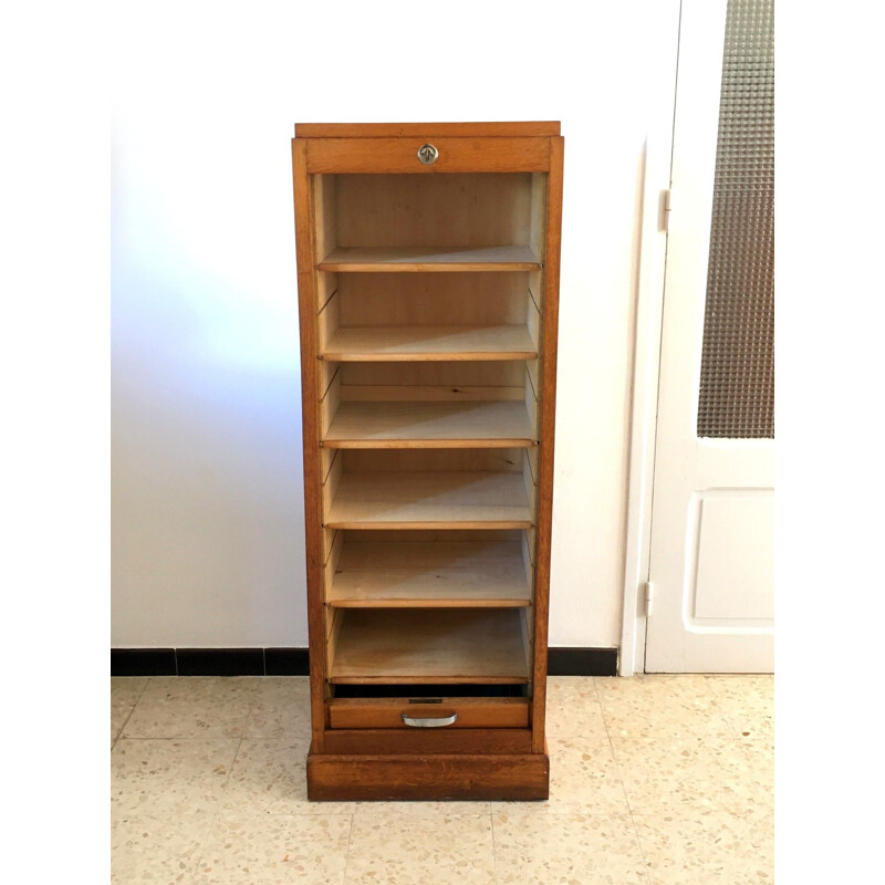 Vintage oakwood curtain filing cabinet, 1950s