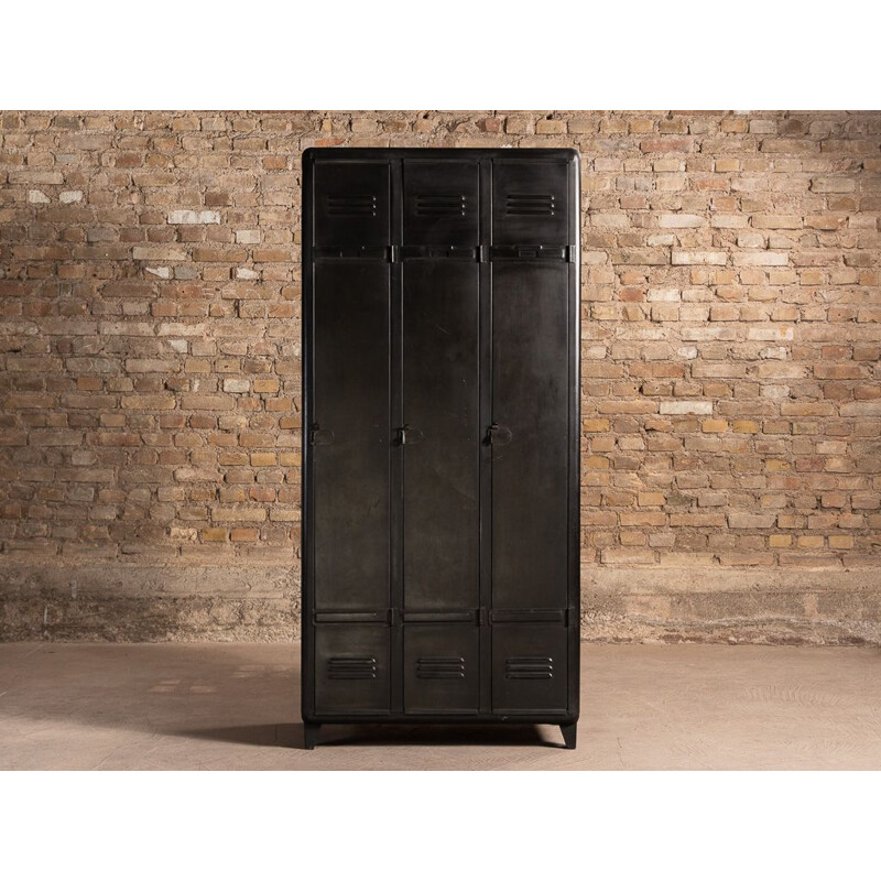 3-door vintage industrial cabinet with brushed steel storage