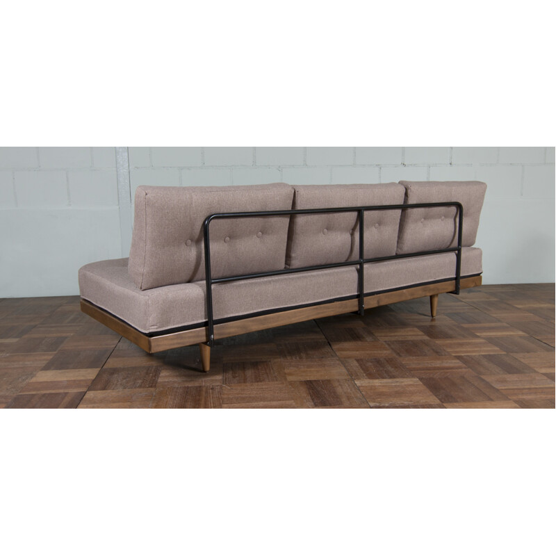Mid-century padded daybed in beige fabric and wood - 1970s