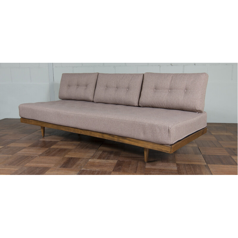 Mid-century padded daybed in beige fabric and wood - 1970s