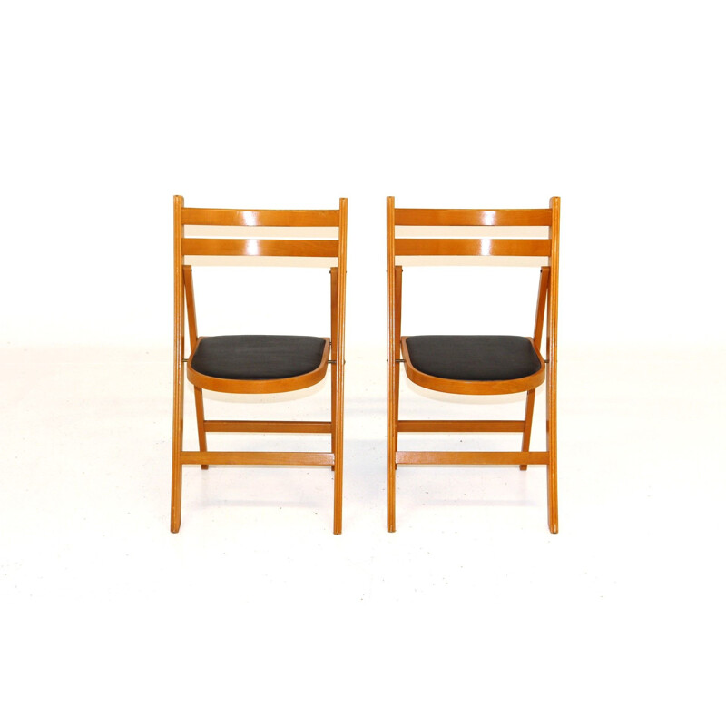 Pair of vintage folding chairs in beechwood and black fabric, Sweden 1960
