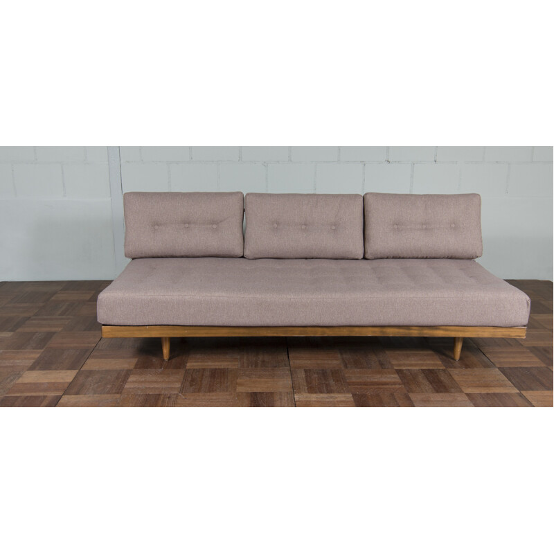 Mid-century padded daybed in beige fabric and wood - 1970s