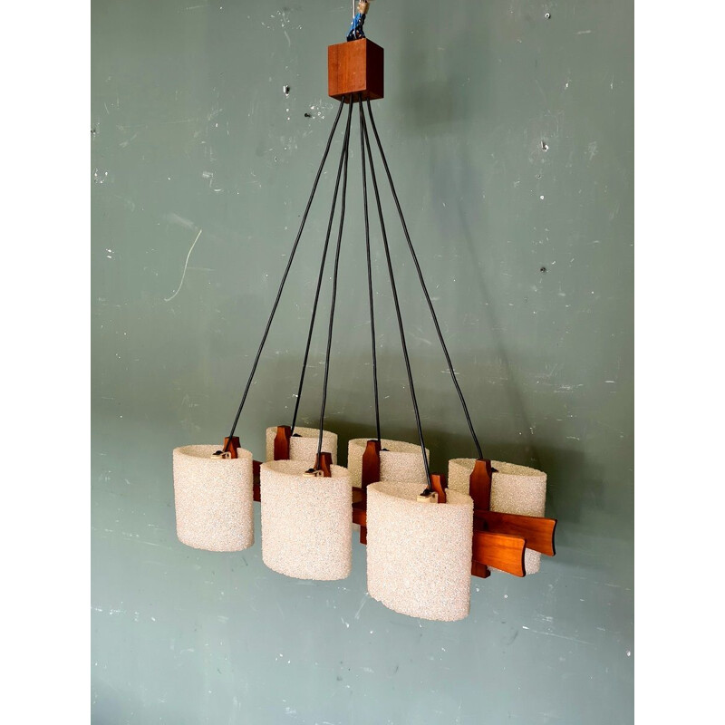 Vintage teak 6 lights pendant lamp, 1960s