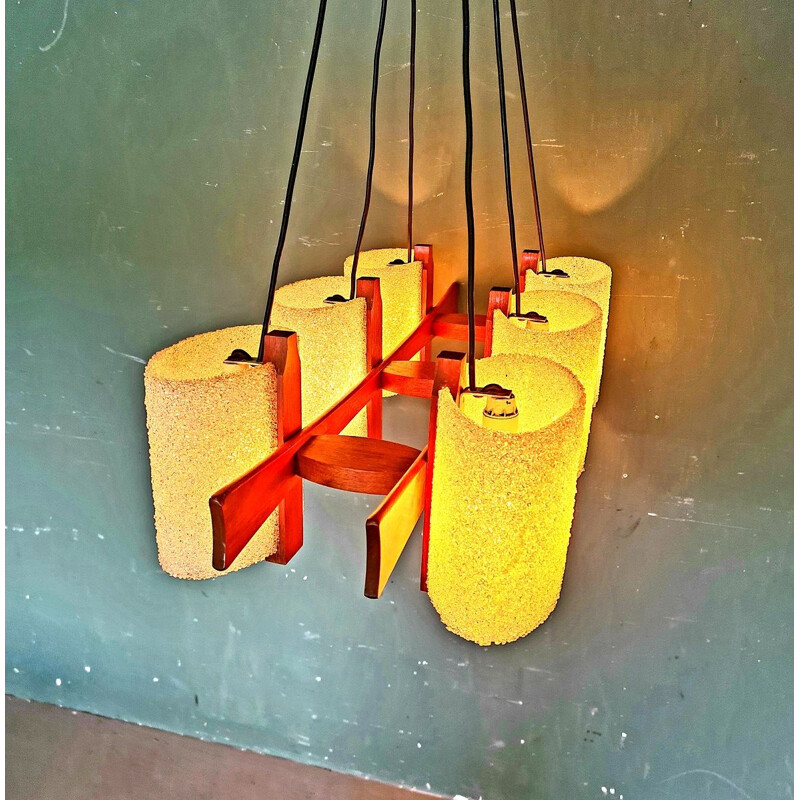 Suspension vintage en teck à 6 lampes, 1960