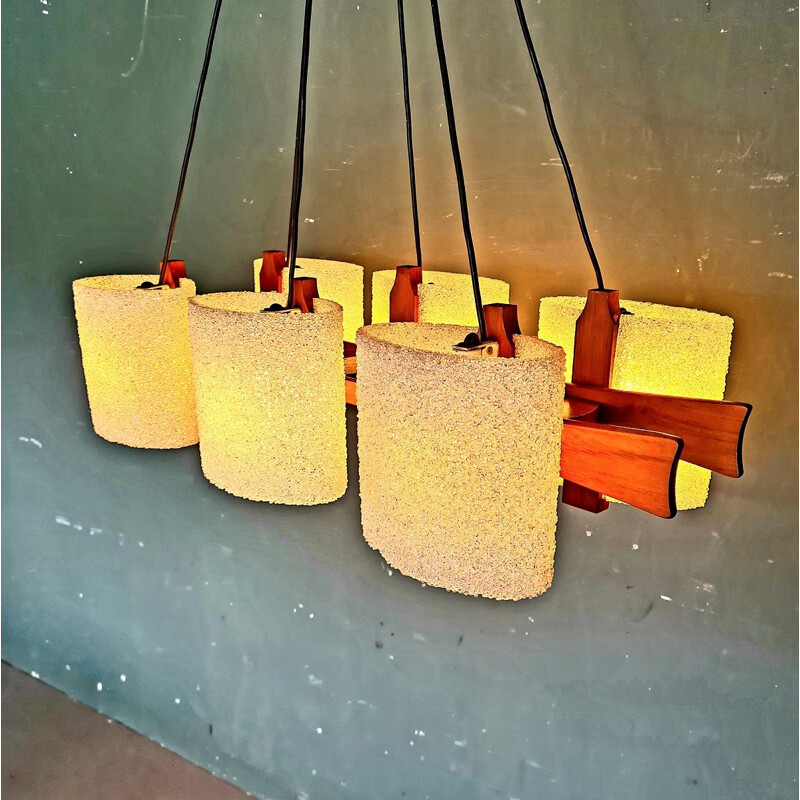 Vintage teak 6 lights pendant lamp, 1960s