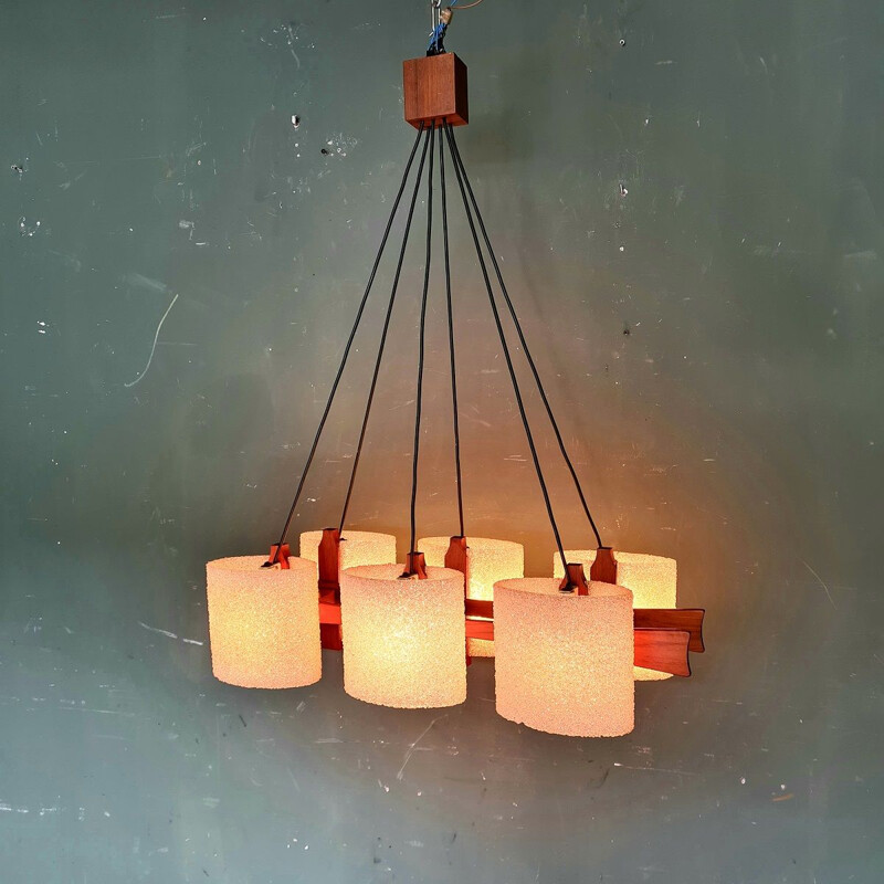 Vintage teak 6 lights pendant lamp, 1960s