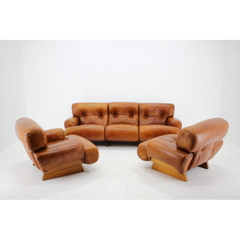 Italian vintage living room set in wood and cognac leather, 1970s