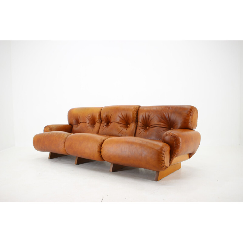 Italian vintage living room set in wood and cognac leather, 1970s