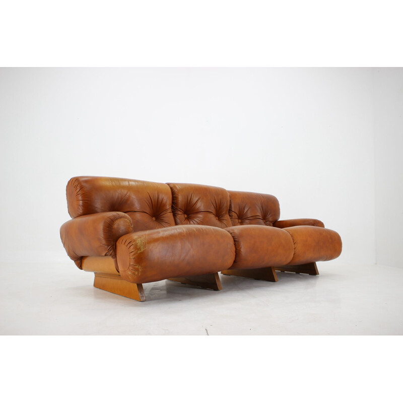 Italian vintage living room set in wood and cognac leather, 1970s