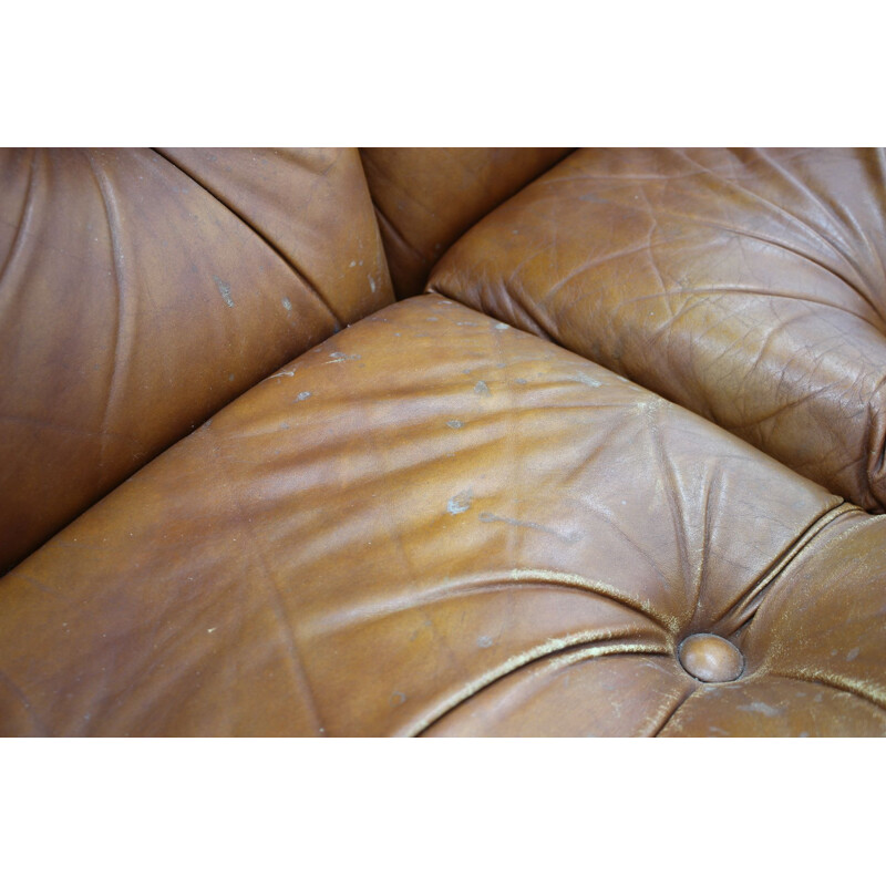 Italian vintage living room set in wood and cognac leather, 1970s